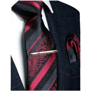 Men's Floral Necktie and Pocket Square Tie Clip Sets for Men Burgundy